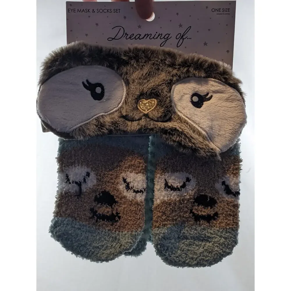 Sloth‎ Faux Fur Eye Mask & Cozy Socks Set Brown Mint 4-10 Soft Smooth New Womens